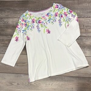 Appleseed’s White Floral 3/4 Sleeve Cotton Top EUC Medium